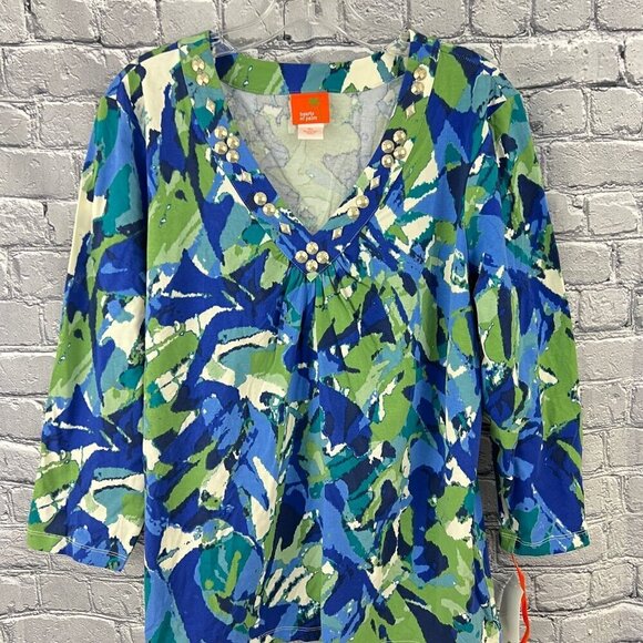 Hearts Of Palm Womens XL Blue Green Abstract V-Neck 3/4 Sleeve Top With Sequins - Picture 4 of 7